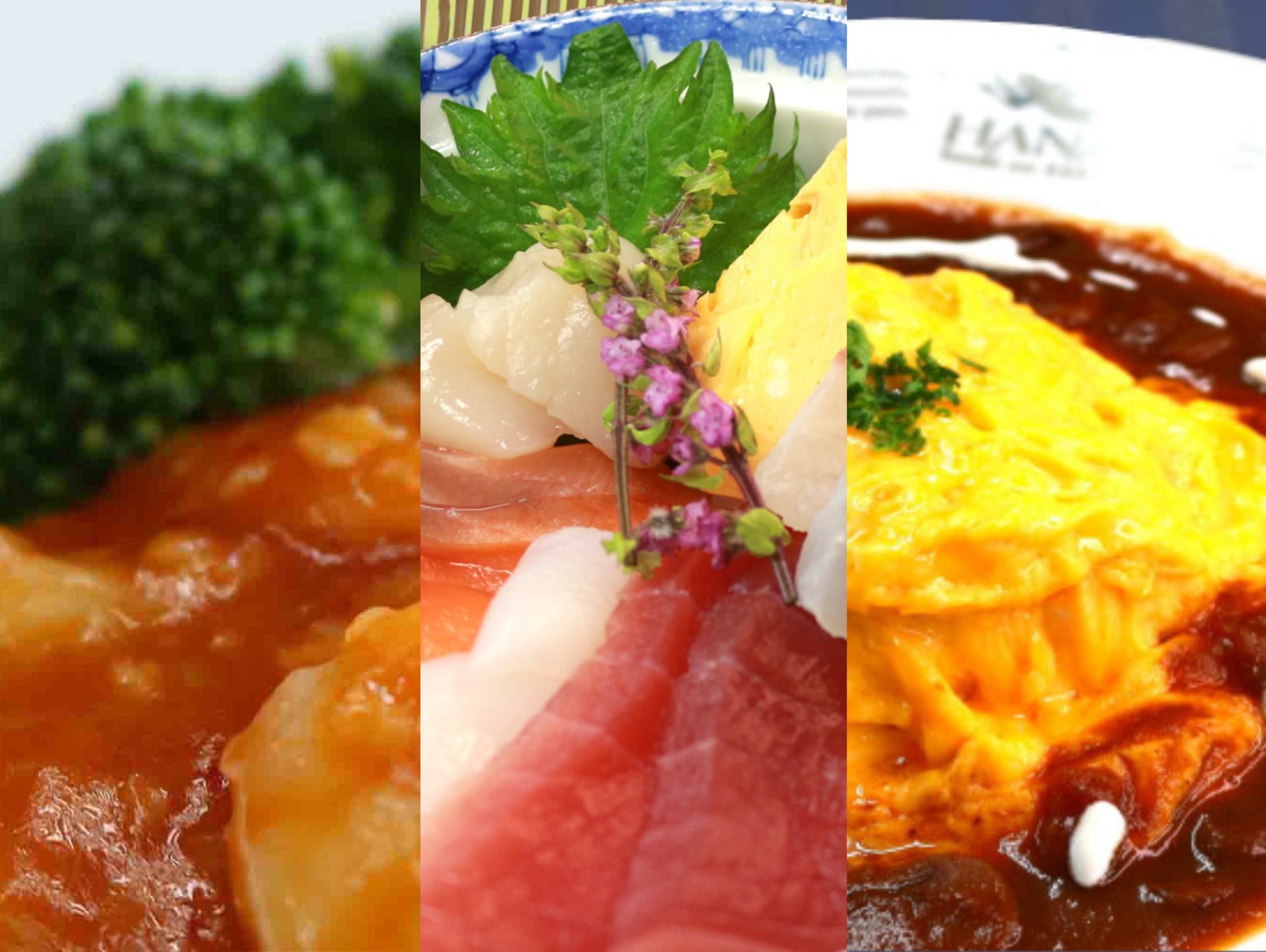 デモ、試食のみ 西洋）オムライスデミグラスソース 日本）海鮮丼 中国）エビのチリソース