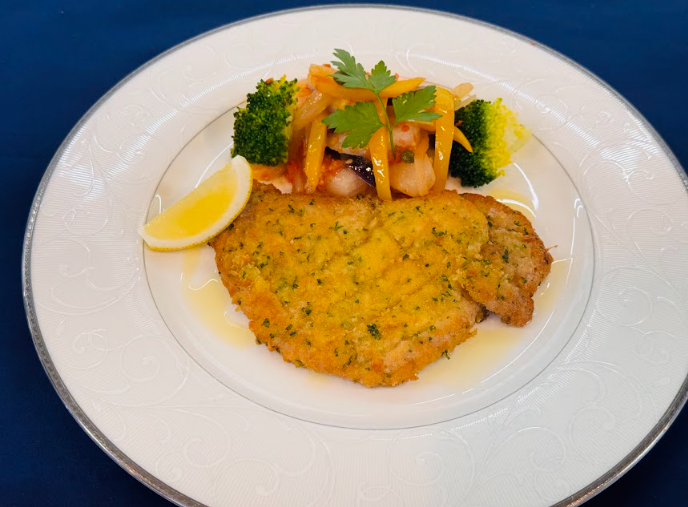 仔牛ロースのカツレツミラネーゼ、チーズとトマトのカプレーゼとイタリアン濃厚プリン